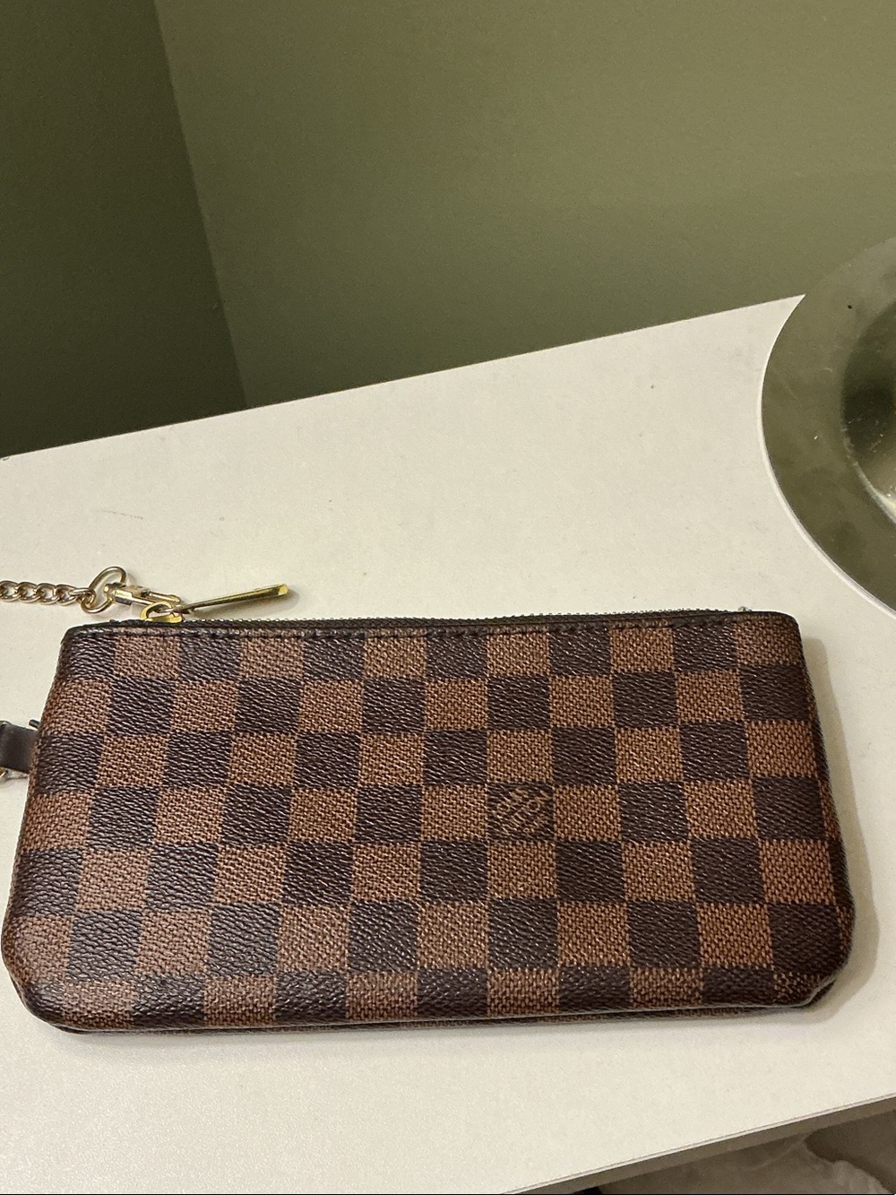 Fashion Designer Brown Checkered Wristlet with Gold Hardware Chain Strap